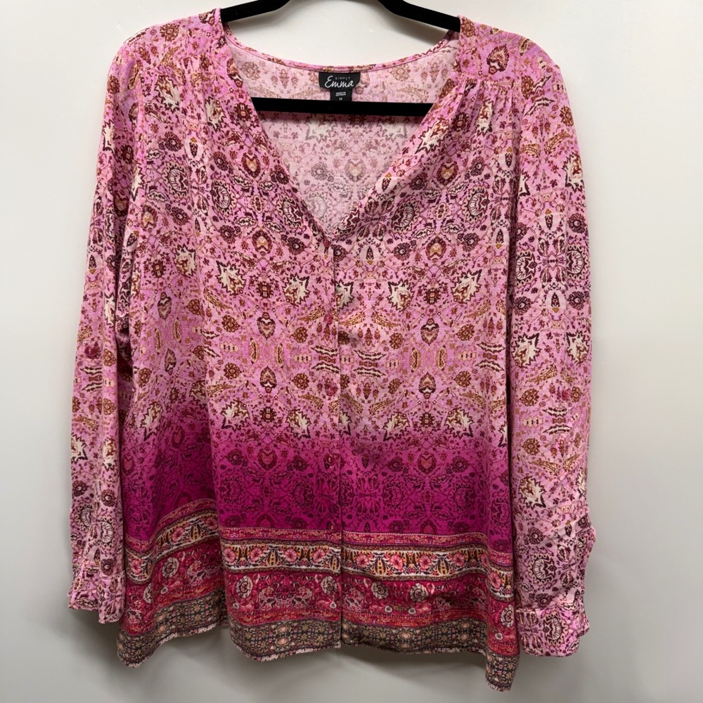 Simply‎ Emma Pink Ombre Floral V-Neck Peasant Blouse Top Size 1X Boho Rayon